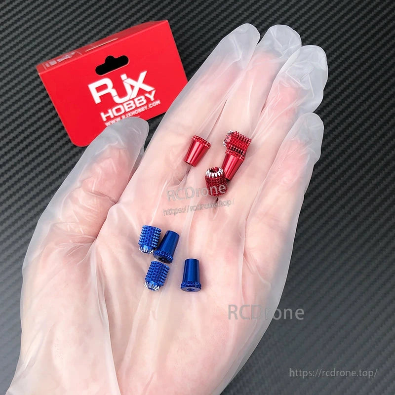 RJX aluminum gimbal thumb stick set with red and blue knurled stick ends and tips
