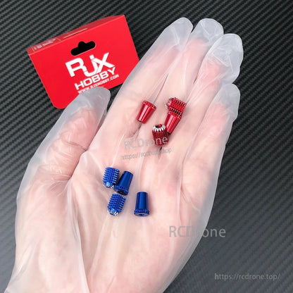 RJX aluminum gimbal thumb stick set with red and blue knurled stick ends and tips