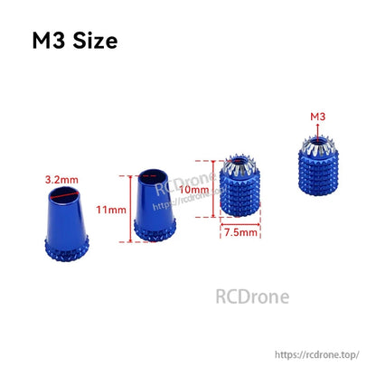 Blue RJX aluminum gimbal thumb stick (M3) with knurled grip; dimensions shown including 11mm height and 7.5mm diameter.