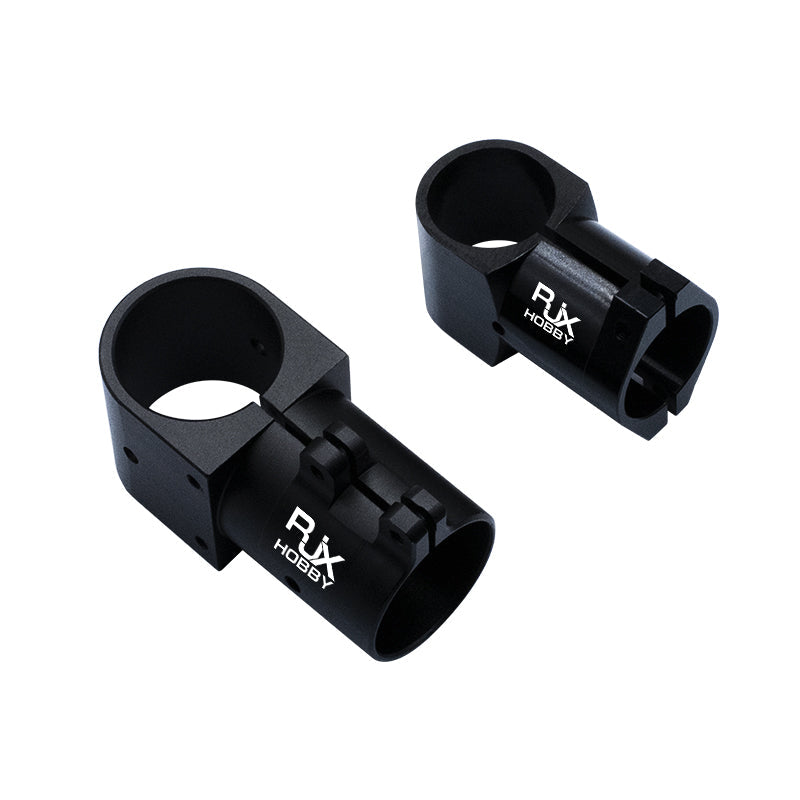 RJX Aluminum Landing Gear Tee Tripod Connector, Pair of black RJX Hobby aluminum landing gear tee tripod connectors with circular tube clamps.