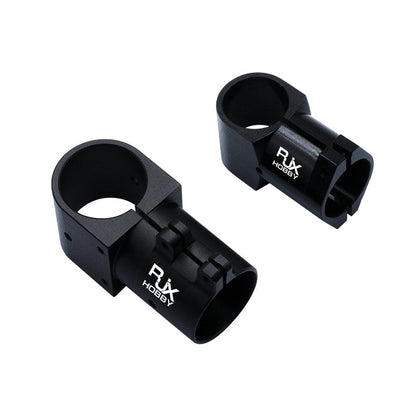 RJX Aluminum Landing Gear Tee Tripod Connector, Pair of black RJX Hobby aluminum landing gear tee tripod connectors with circular tube clamps.