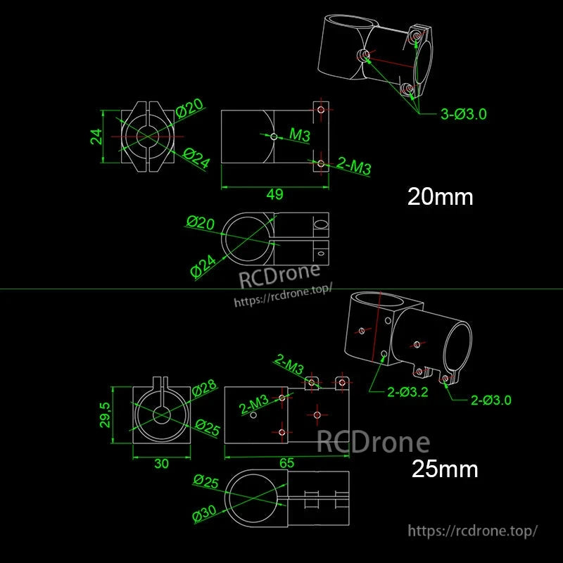 Dimension drawing of RJX aluminum landing gear tee tripod connector with 20mm and 25mm tube sizes and M3 holes