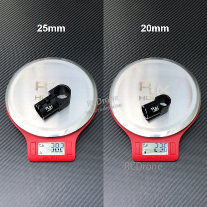 RJX Aluminum Landing Gear Tee Tripod Connector, RJX Hobby aluminum landing gear tee tripod connector in 25mm and 20mm sizes with weights on scale