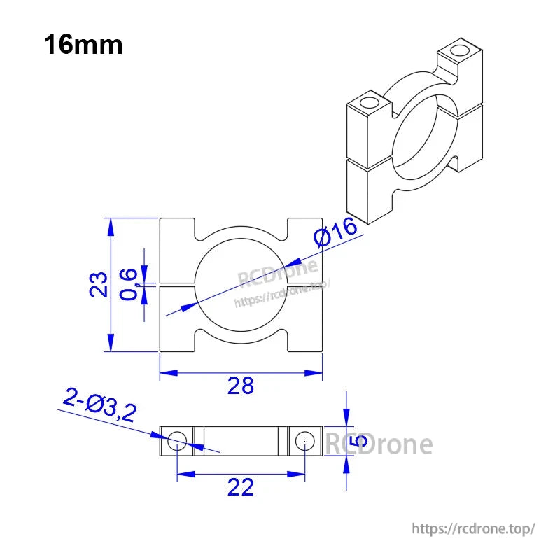 RJX Anodized Aluminum Tube Pipe Clamp, Technical drawing of a 16mm RJX anodized aluminum tube clamp with detailed dimensions and mounting holes