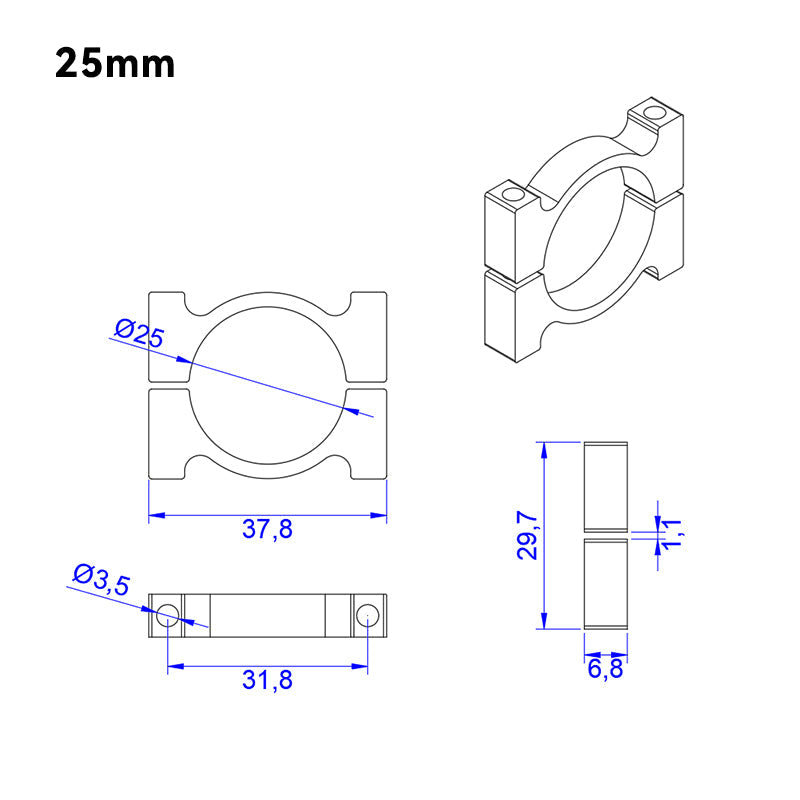 Technical drawing of a 25mm RJX anodized aluminum tube pipe clamp with detailed dimensions and mounting hole spacing