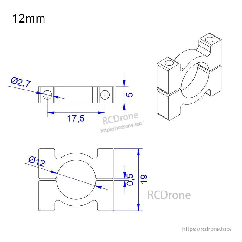 RJX Anodized Aluminum Tube Pipe Clamp, Technical drawing of RJX anodized aluminum 12mm tube pipe clamp with detailed mounting dimensions