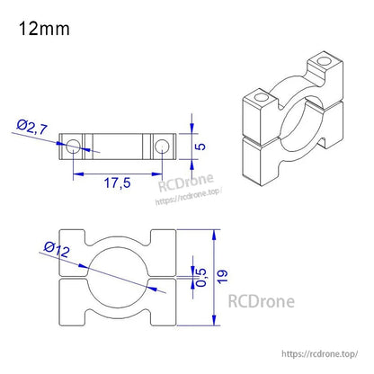 RJX Anodized Aluminum Tube Pipe Clamp, Technical drawing of RJX anodized aluminum 12mm tube pipe clamp with detailed mounting dimensions