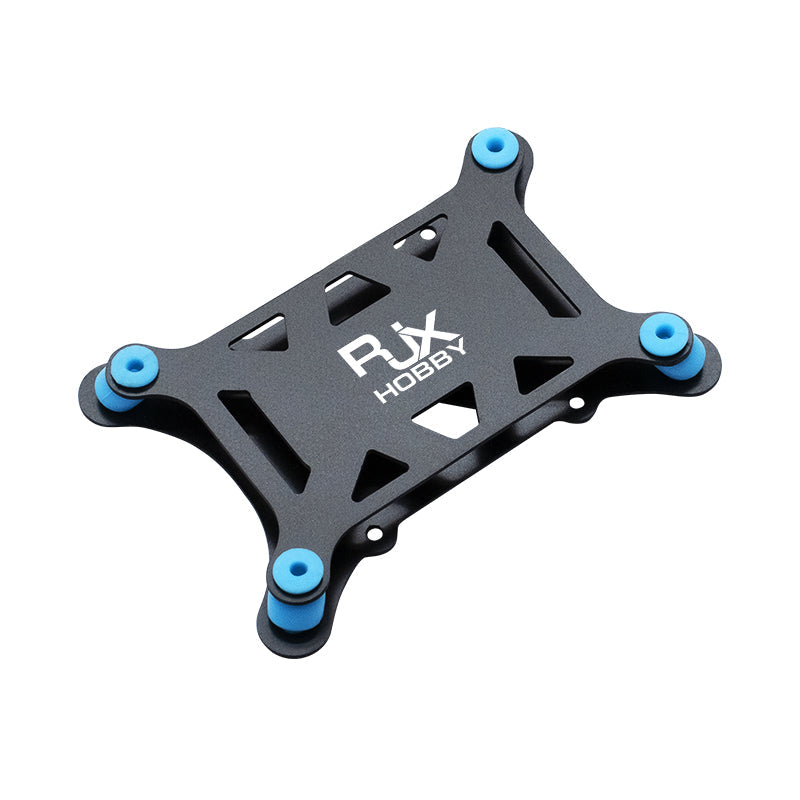 RJX anti-vibration flight controller mount plate with four blue rubber dampers and RJX HOBBY logo