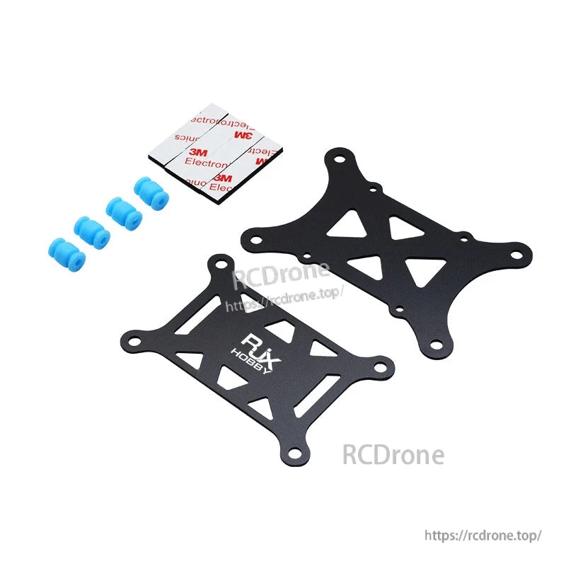RJX anti-vibration flight controller mount kit with two carbon fiber plates, four blue rubber dampers and 3M pads