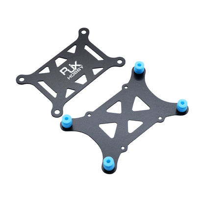 RJX anti-vibration flight controller mount plates with four blue silicone dampers and cutout design