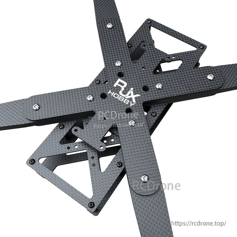RJX carbon fiber FPV drone frame kit with cross arms, center plate, and mounting screws