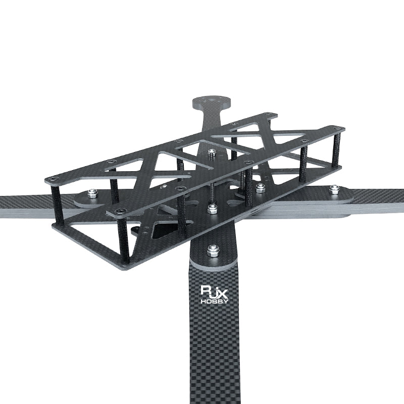 RJX 13-inch carbon fiber FPV racing drone frame kit with stacked plates, standoffs, and wide arms