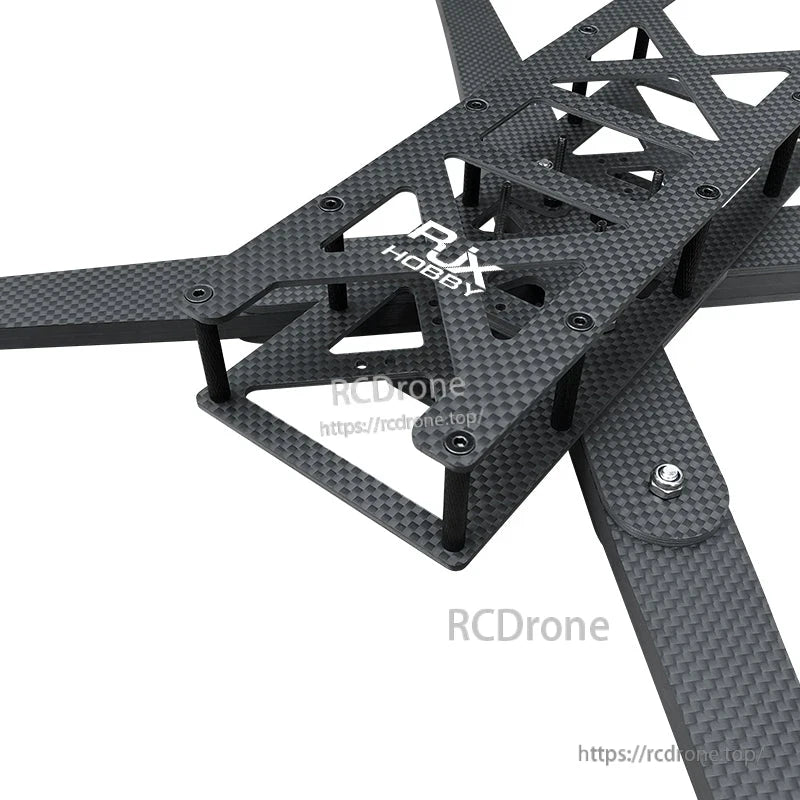 RJX Hobby carbon fiber FPV racing drone frame kit with stacked plates, standoffs, and cutout center section