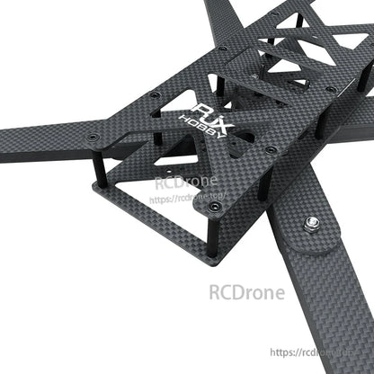 RJX Hobby carbon fiber FPV racing drone frame kit with stacked plates, standoffs, and cutout center section