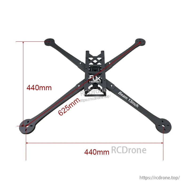 RJX Beam 13inch carbon fiber quadcopter frame layout with 440mm width and 625mm diagonal dimension marks