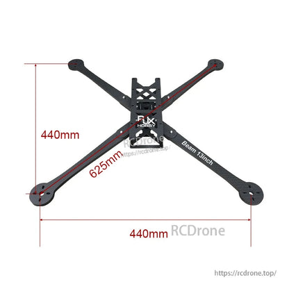 RJX Beam 13inch carbon fiber quadcopter frame layout with 440mm width and 625mm diagonal dimension marks