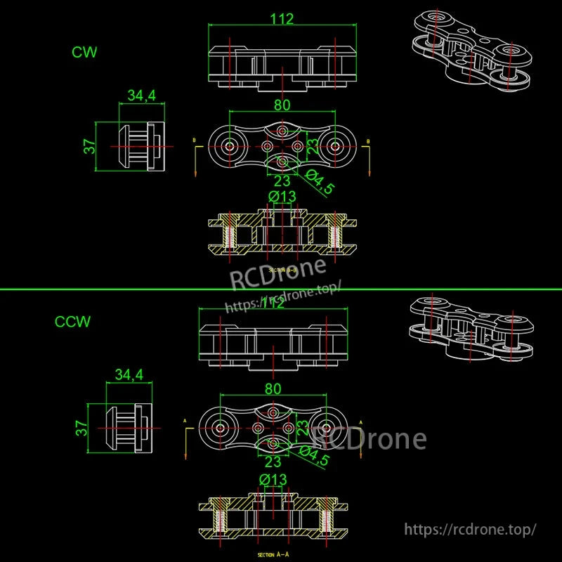 RJX CW & CCW Propeller Clip, Technical drawing of RJX CW and CCW propeller clip for XAG XP2020 with 112 mm length and Ø13/Ø4.5 holes
