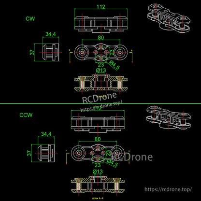RJX CW & CCW Propeller Clip, Technical drawing of RJX CW and CCW propeller clip for XAG XP2020 with 112 mm length and Ø13/Ø4.5 holes