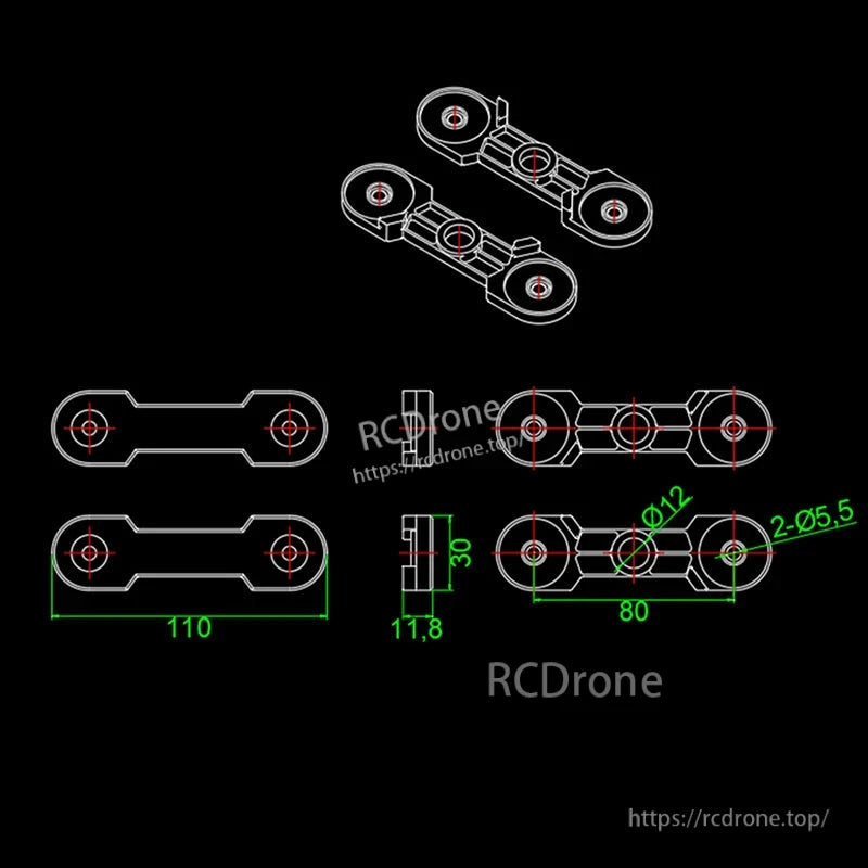 Technical drawing of RJX CW/CCW propeller clip with dimensions 110 mm length and Ø12/Ø5.5 mounting holes