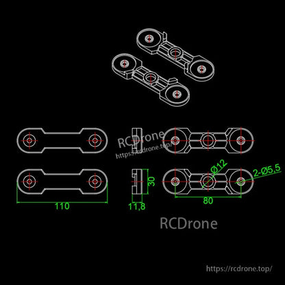 Technical drawing of RJX CW/CCW propeller clip with dimensions 110 mm length and Ø12/Ø5.5 mounting holes