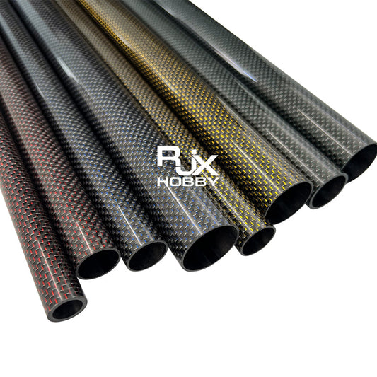 RJX Colored 3K Carbon Fiber Tube, Assorted RJX 3K carbon fiber tubes with colored weave accents, shown in multiple diameters