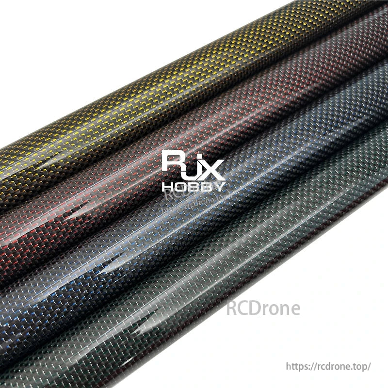 RJX colored 3K carbon fiber tubes with woven finish in gold, red, blue, and green