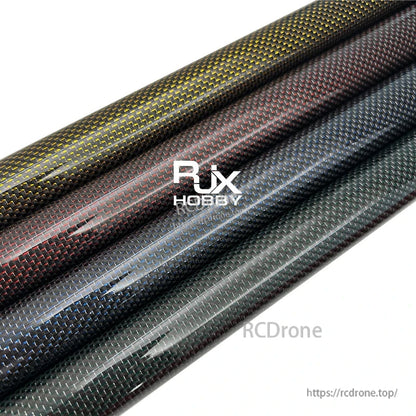 RJX colored 3K carbon fiber tubes with woven finish in gold, red, blue, and green