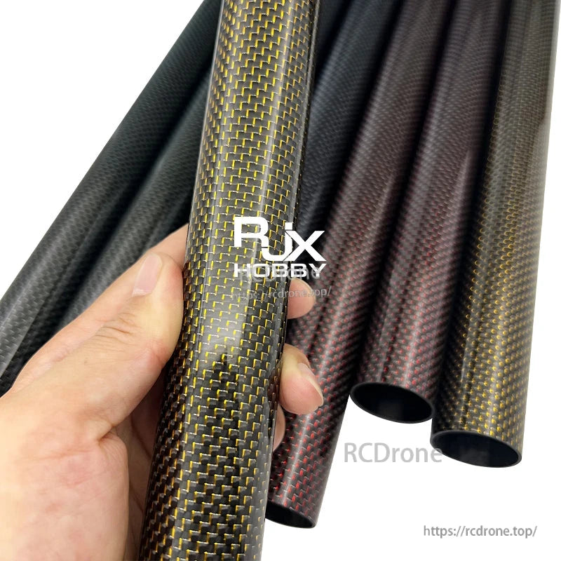 RJX colored 3K carbon fiber tube with woven finish, shown in multiple color patterns and diameters