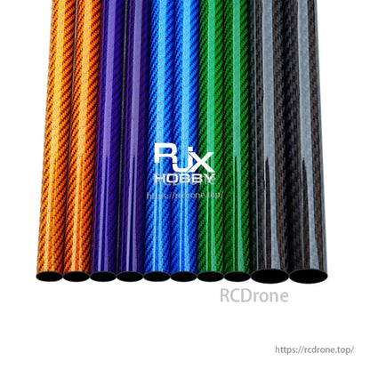 RJX colorful 3K carbon fiber tubes in orange, blue, green, and black finishes with a woven pattern