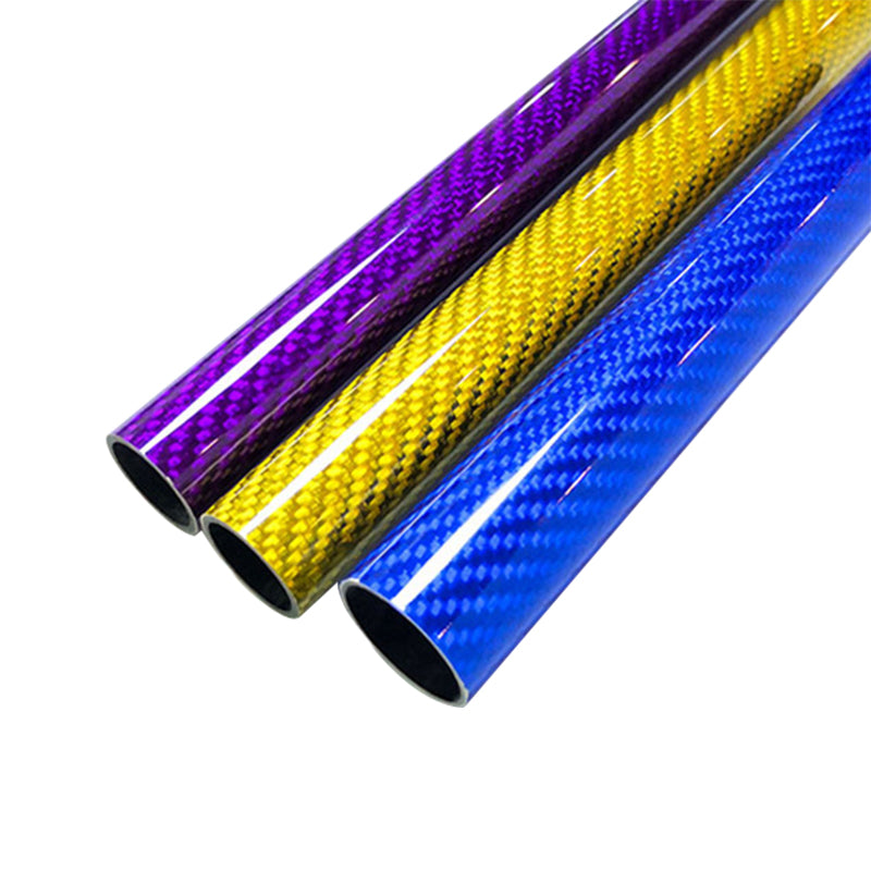 RJX Colorful 3K Carbon Fiber Tube, Colorful 3K carbon fiber tube set with glossy purple, gold, and blue woven finish