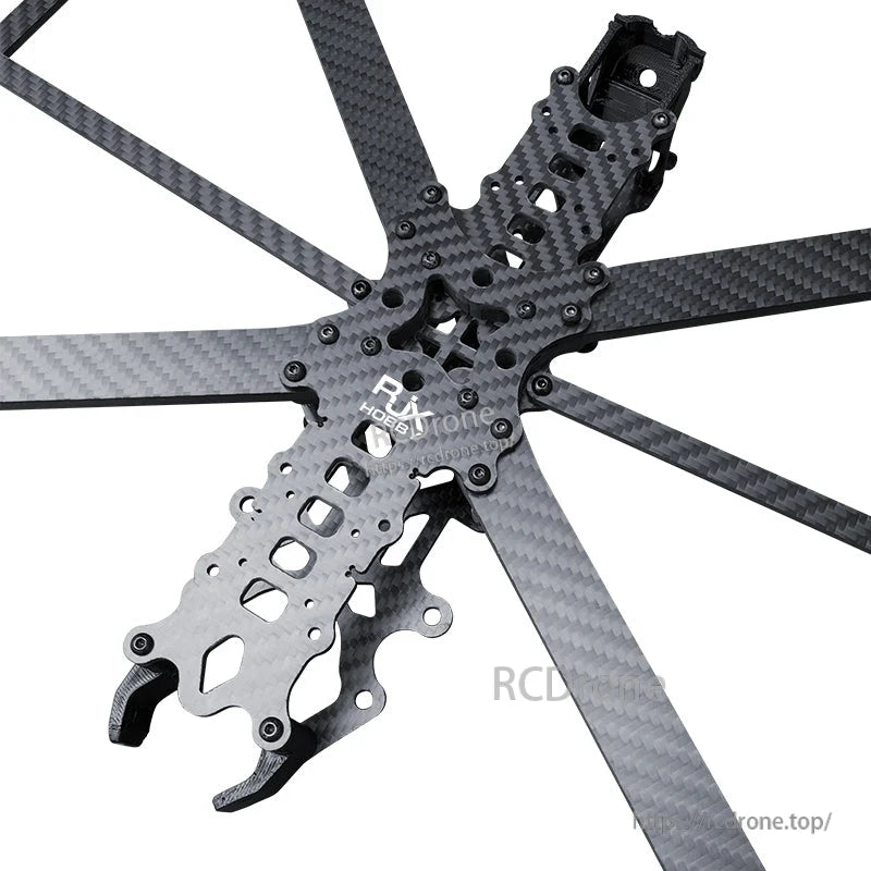 RJX DF13 carbon fiber FPV drone frame kit with long arms, slotted center plate, and installed screws
