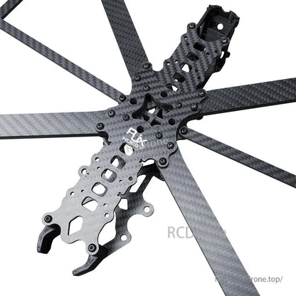 RJX DF13 carbon fiber FPV drone frame kit with long arms, slotted center plate, and installed screws