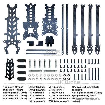 RJX DF13 13-inch carbon fiber FPV drone frame kit with plates, four arms, TPU camera mounts, and M3 hardware