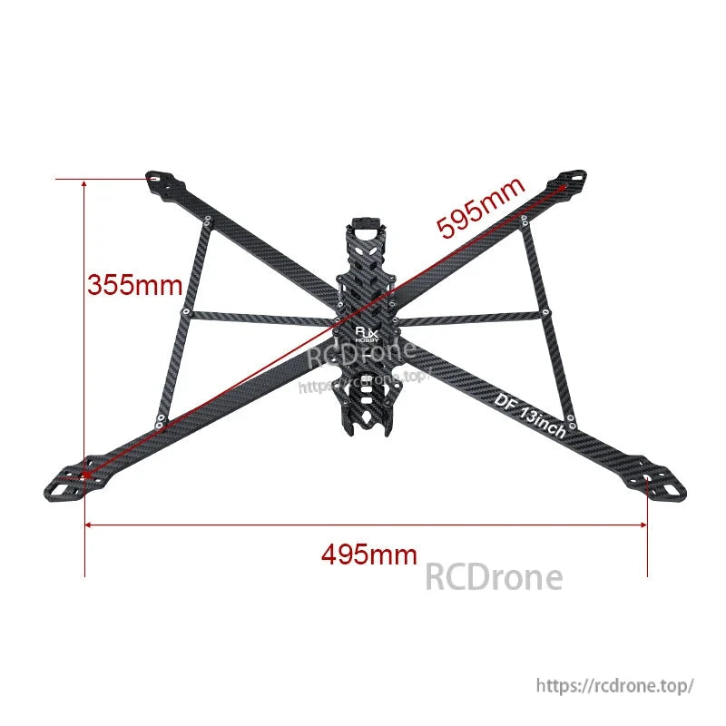 RJX DF13 13-inch carbon fiber FPV drone frame top view with 595mm diagonal and 495mm x 355mm dimensions