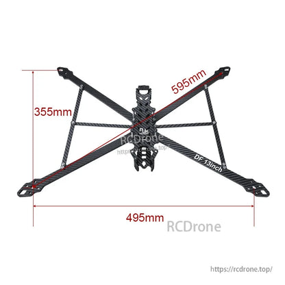 RJX DF13 13-inch carbon fiber FPV drone frame top view with 595mm diagonal and 495mm x 355mm dimensions