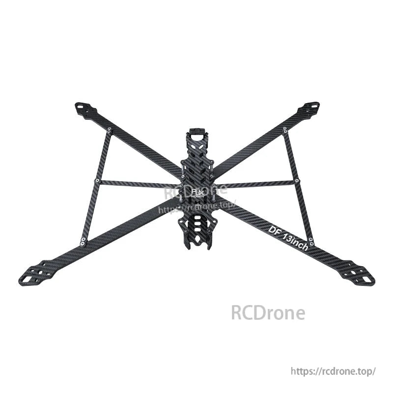RJX DF13 13-inch carbon fiber FPV racing drone frame with wide X layout, long arms, and central stack mount