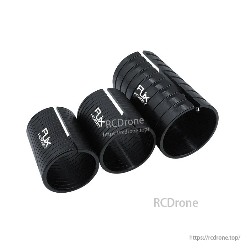 RJX split adapter sleeve set for changing arm tube diameters, black ribbed cylinders with RJX logo