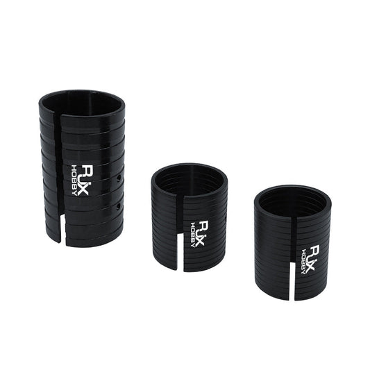 Three black RJX Hobby split adapter sleeves for changing arm tube diameter, shown in three sizes.