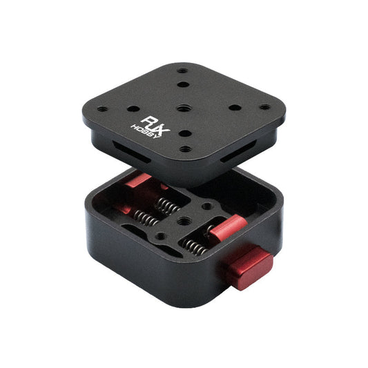 RJX Drone Quick Release Mount, RJX Hobby drone quick release mount with square top plate, multiple screw holes, and red locking latch