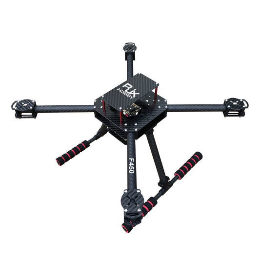 RJX F450 Carbon Fiber Frame Kit (RJX Hobby), RJX F450 carbon fiber quadcopter frame with four arms, center plates, and landing skids with foam grips