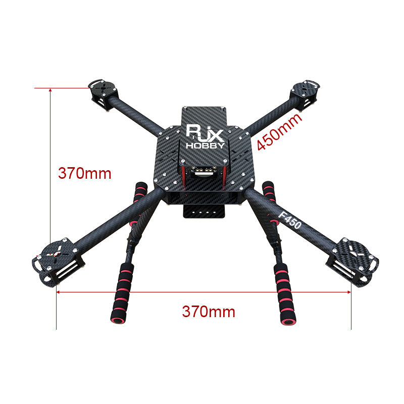 RJX F450 Carbon Fiber Frame Kit (RJX Hobby), RJX Hobby F450 carbon fiber quadcopter frame kit with four arms, landing skids, and 450mm size marking