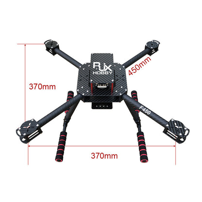RJX F450 Carbon Fiber Frame Kit (RJX Hobby), RJX Hobby F450 carbon fiber quadcopter frame kit with four arms, landing skids, and 450mm size marking