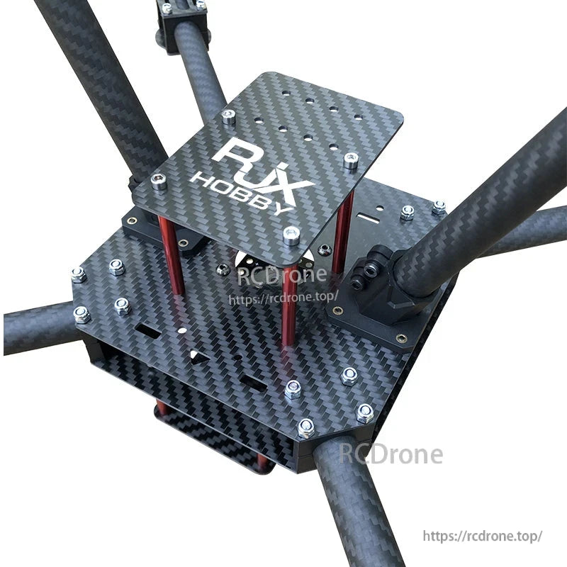 RJX F450 Carbon Fiber Frame Kit (RJX Hobby), RJX Hobby F450 carbon fiber quadcopter frame kit with carbon plates, red standoffs, and landing legs