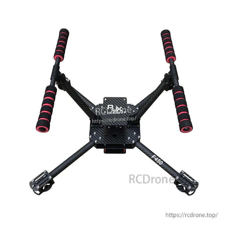 RJX F450 Carbon Fiber Frame Kit (RJX Hobby), RJX F450 carbon fiber quadcopter frame with four arms, central plate, and foam landing skids