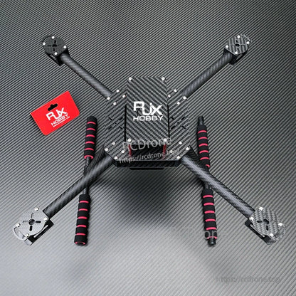RJX F450 Carbon Fiber Frame Kit (RJX Hobby), RJX F450 carbon fiber quadcopter frame kit with four arms, center plates, and landing skids on carbon weave surface