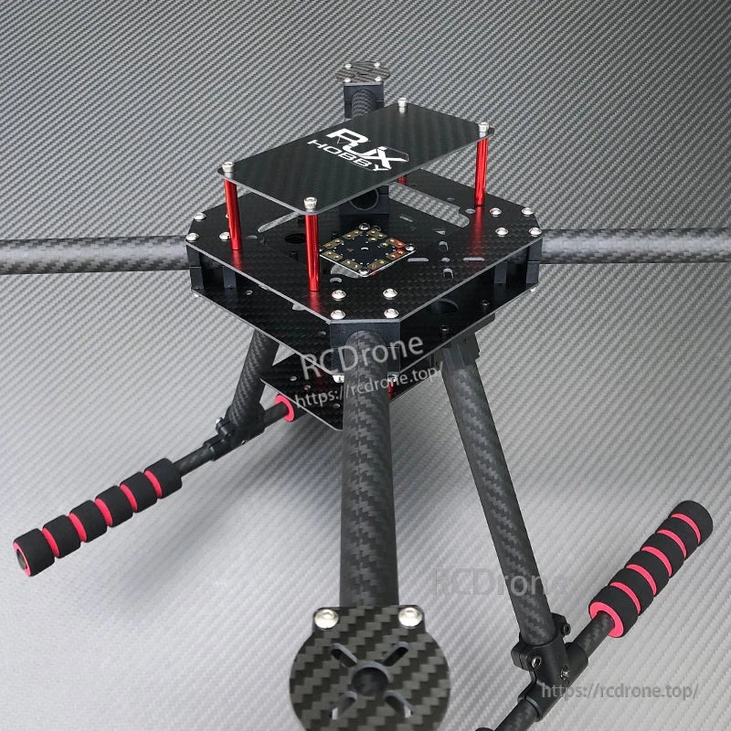 RJX F450 Carbon Fiber Frame Kit (RJX Hobby), RJX F450 carbon fiber quadcopter frame kit with RJX top plate, red standoffs, and tall landing legs