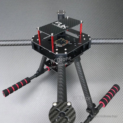 RJX F450 Carbon Fiber Frame Kit (RJX Hobby), RJX F450 carbon fiber quadcopter frame kit with RJX top plate, red standoffs, and tall landing legs