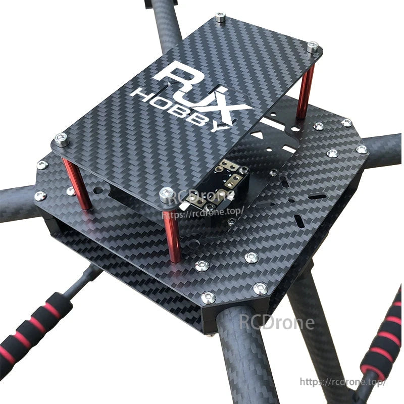 RJX F450 Carbon Fiber Frame Kit (RJX Hobby), RJX Hobby F450 carbon fiber quadcopter frame with stacked plates, red standoffs, and top logo panel