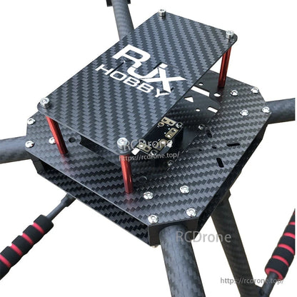 RJX F450 Carbon Fiber Frame Kit (RJX Hobby), RJX Hobby F450 carbon fiber quadcopter frame with stacked plates, red standoffs, and top logo panel
