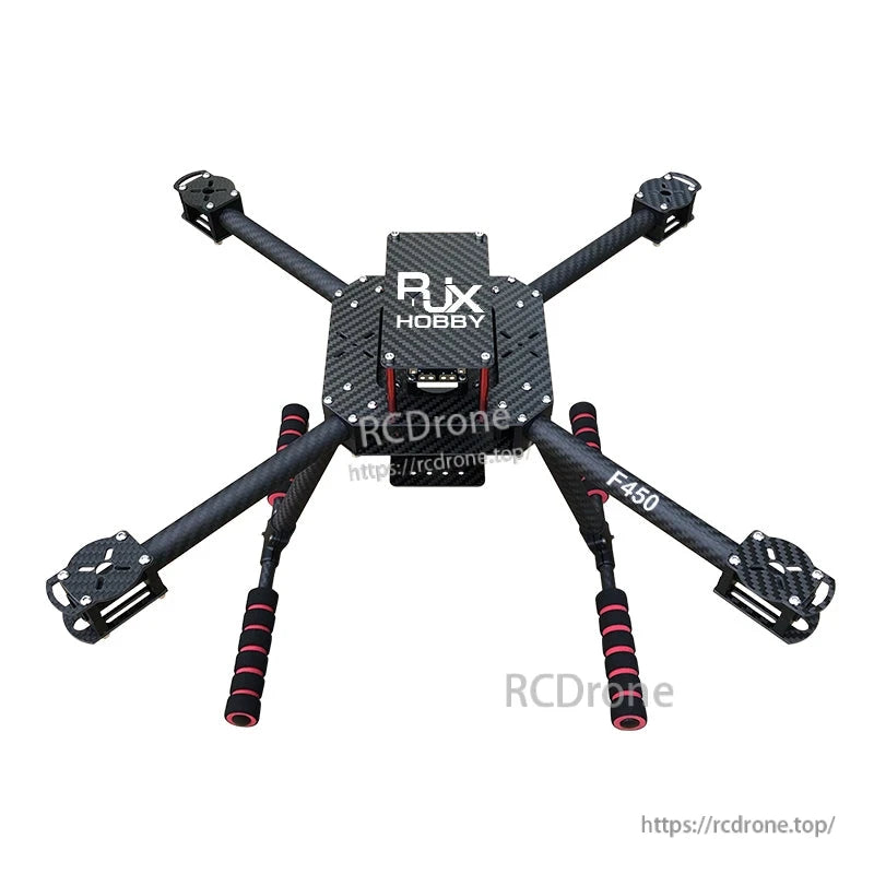 RJX F450 Carbon Fiber Frame Kit (RJX Hobby), RJX Hobby F450 carbon fiber quadcopter frame kit with four arms, center plates, and landing skids